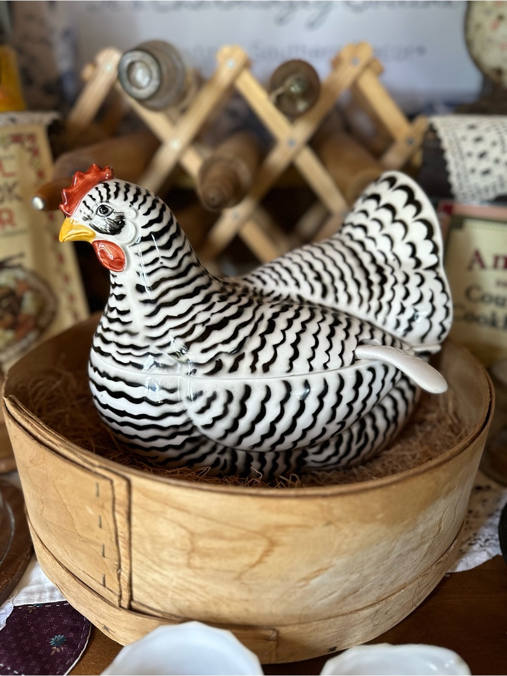 Fitz and Floyd Black & White Striped Ceramic Hen with Red Comb